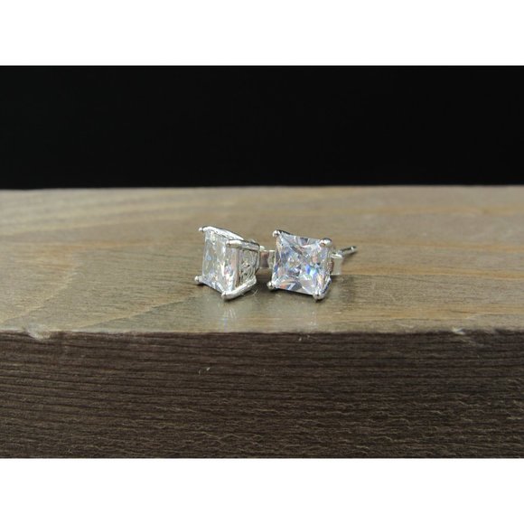 Sterling Silver Clear Cubic Zirconia Fancy Square Stud Earrings Vintage Wedding - Picture 2 of 7